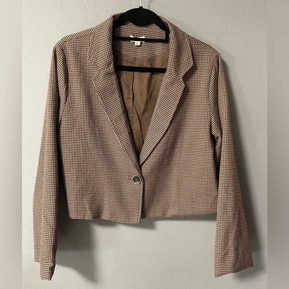 NWOT POL Houndstooth Brown One Button Crop Blazer. Size Small - Picture 1 of 7